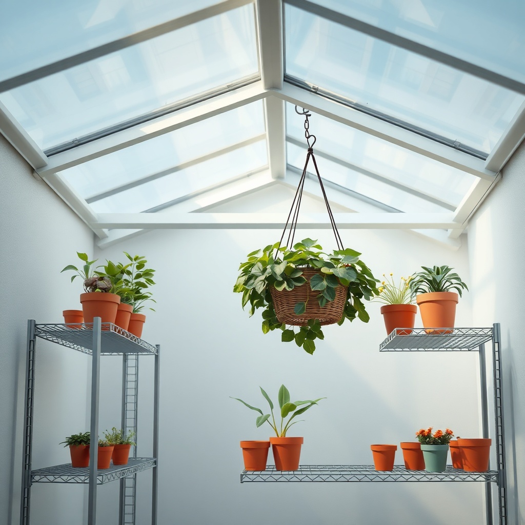 A photorealistic interior view showing three-tier wire shelving units filled with pots and