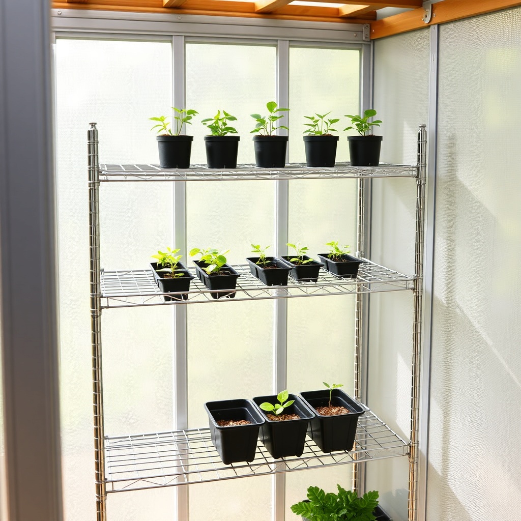 A clean photorealistic photo of two-tier wire shelving installed in a small Suncast 8x6 Tr