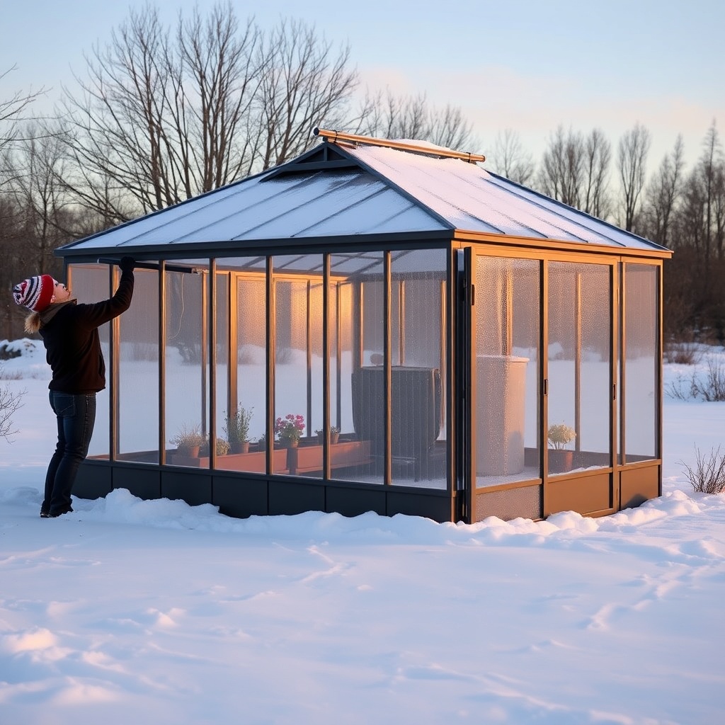 <A photorealistic photo of a Suncast 8x6 Tremont greenhouse in a snowy winter landscape