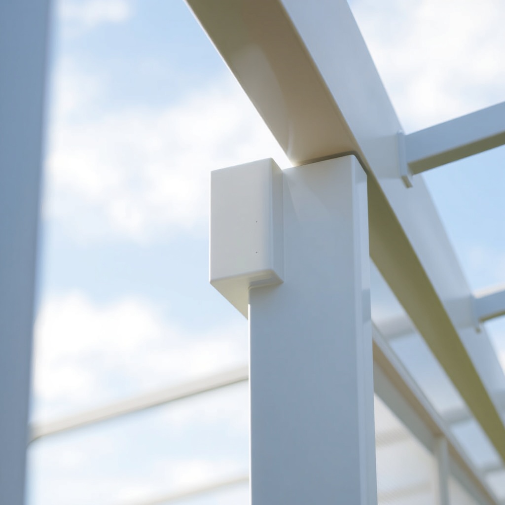 A photorealistic close-up of a clean HDPE resin frame corner joint on a Suncast 8x6 Tremon