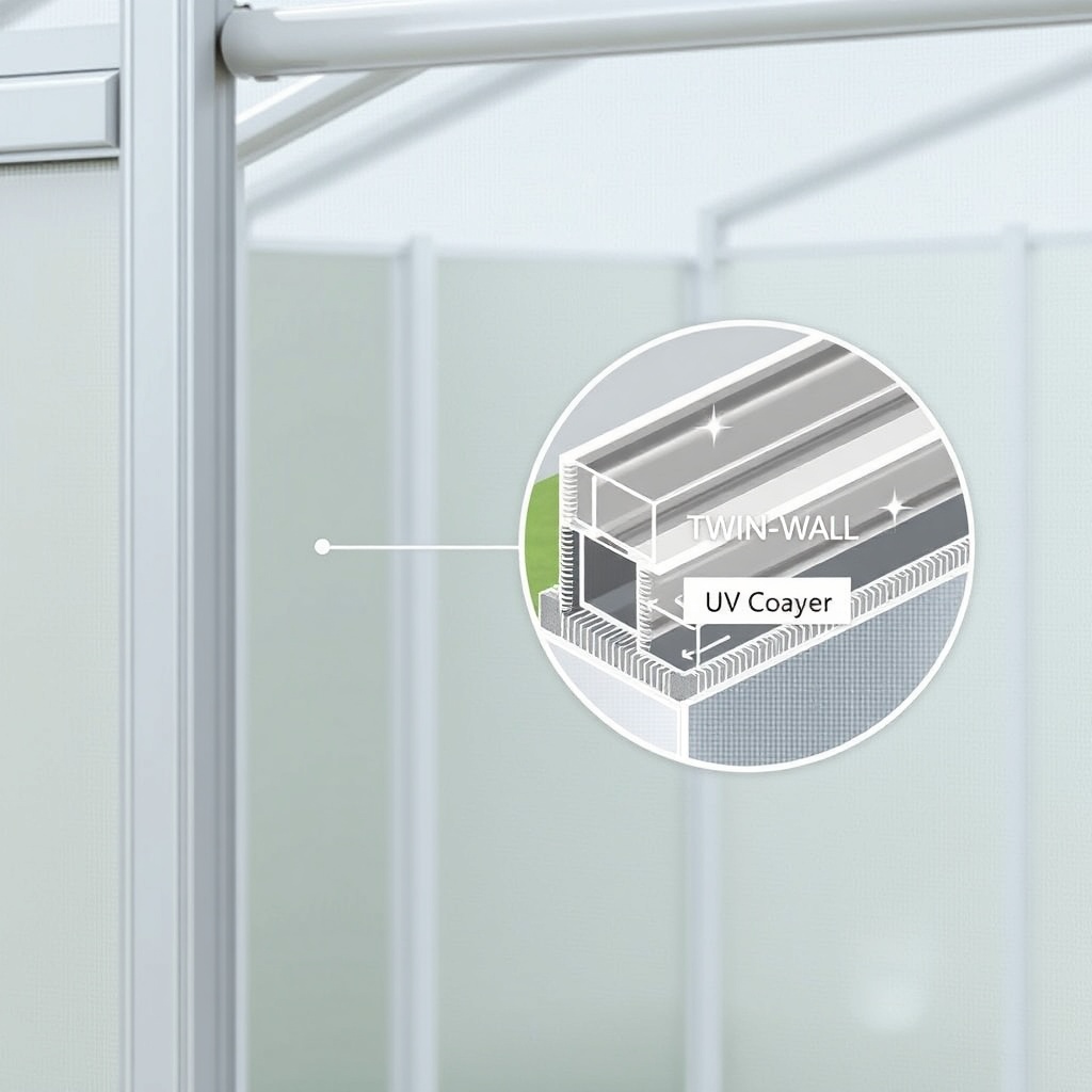 A photorealistic illustration of a Suncast 8x6 Tremont greenhouse with a section of polyca