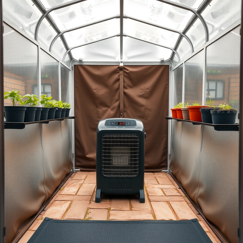 A clean photorealistic interior view of a Suncast 8x6 Tremont showing a small electric fan