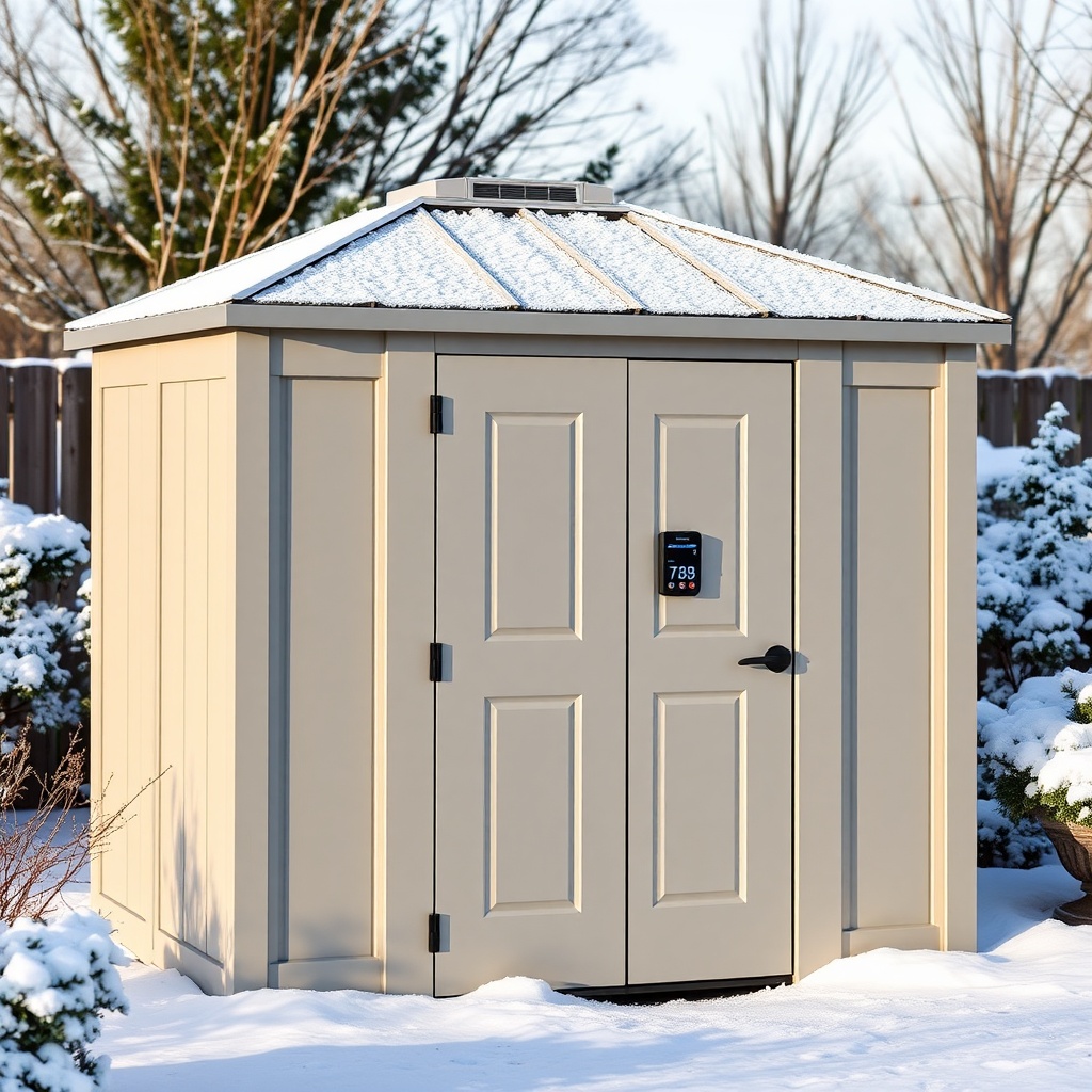 A bright photorealistic exterior photo of a Suncast 8x6 Tremont in a snow-covered garden w