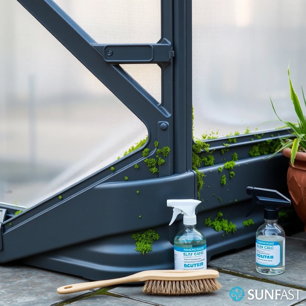 A photorealistic close-up of a lower corner of a Suncast 8x6 Tremont greenhouse showing gr