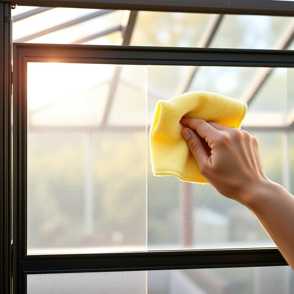 A high-resolution photorealistic image of a hand holding a microfiber cloth against a Sunc