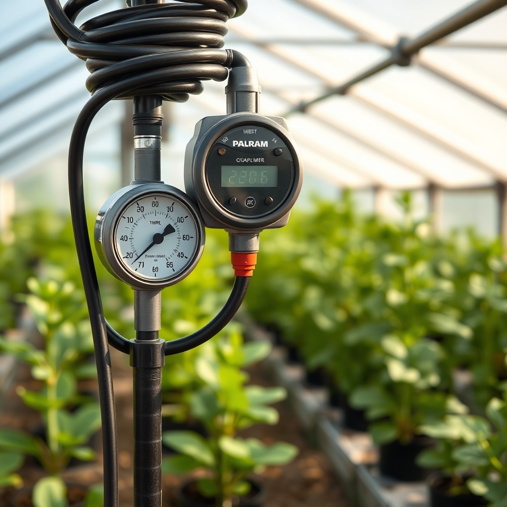 Photorealistic close-up of a drip irrigation timer and tubing setup inside a Palram Canopi