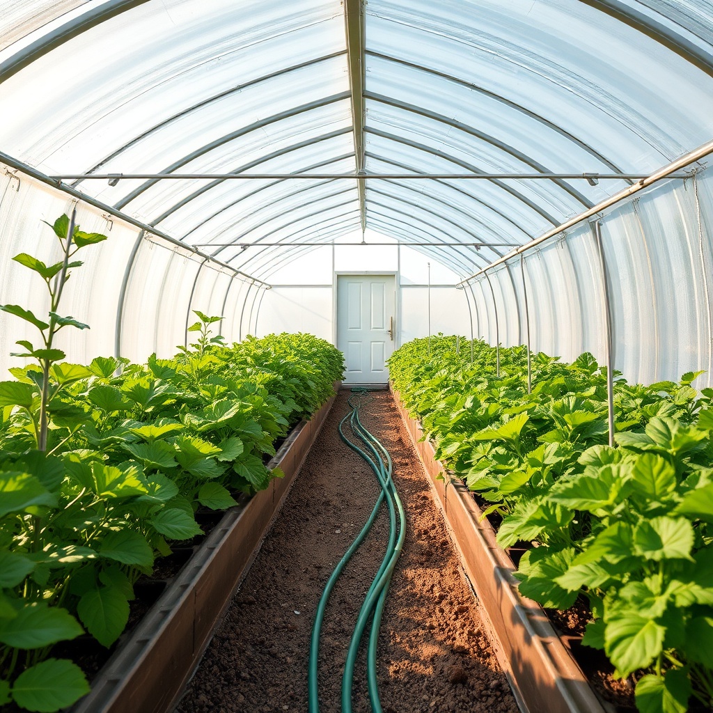 Photorealistic wide-angle view inside a Palram Canopia Harmony 6x8 greenhouse with drip ir
