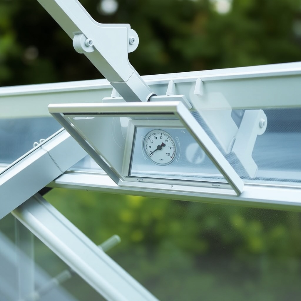 A photorealistic close-up of a Palram Canopia Harmony 6x8 greenhouse roof