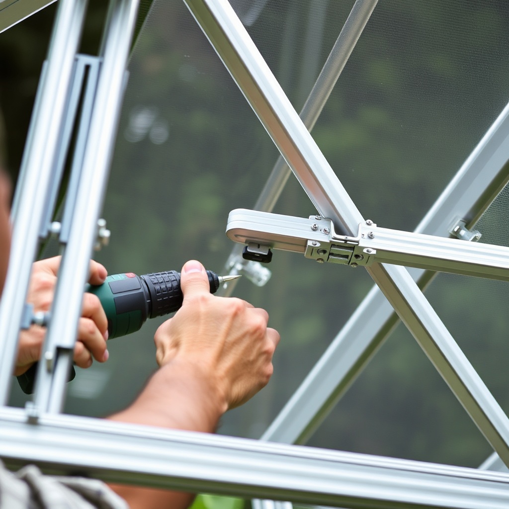 A photorealistic image showing a gardener's hands drilling a small hole into the aluminium