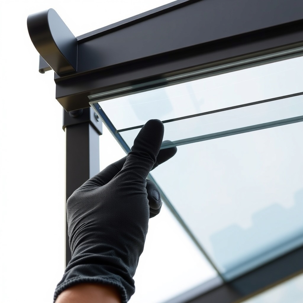 Photorealistic close-up of a gloved hand installing a roof polycarbonate panel into the ri
