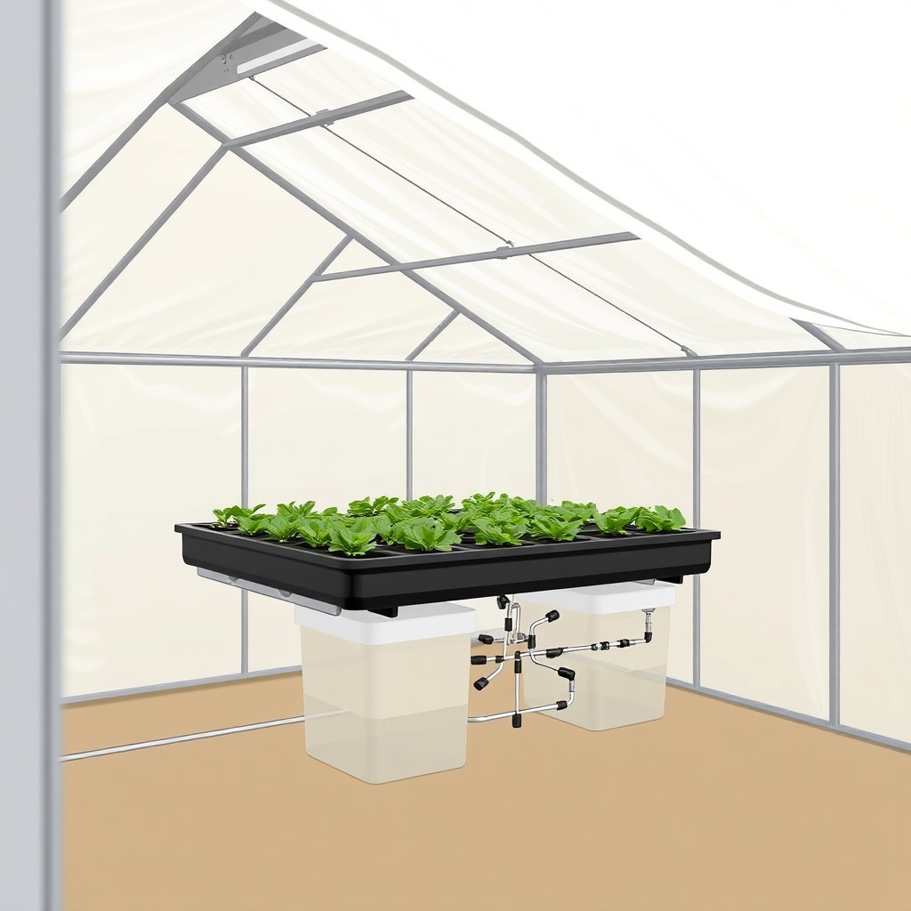 <clean photorealistic photo/illustration of a Palram Canopia Harmony 6x8 greenhouse with a