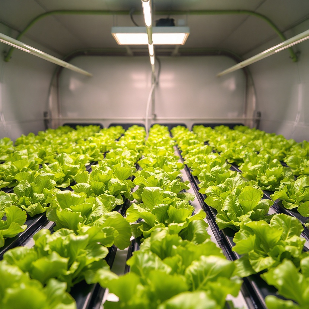 <clean photorealistic photo/illustration of a rows of green lettuce growing in NFT channel
