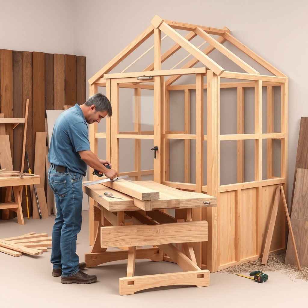 <clean photorealistic photo/illustration showing a person cutting cedar boards on a workbe
