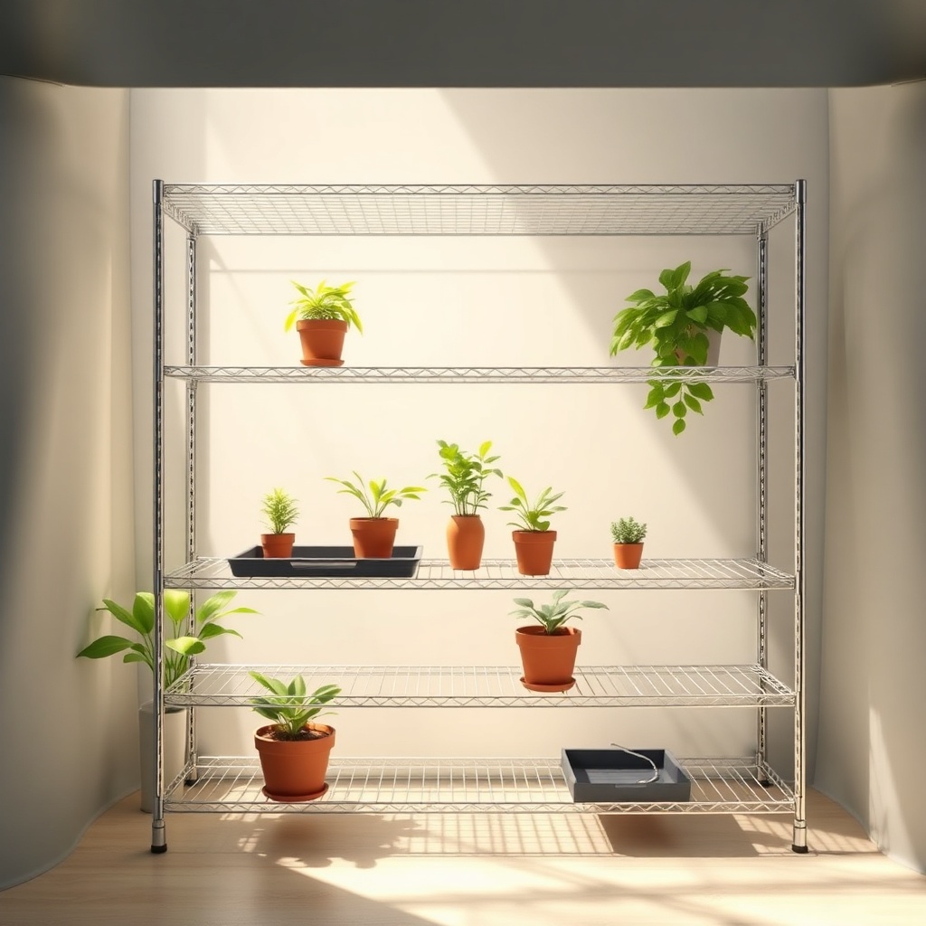 <clean photorealistic photo/illustration showing a completed wire shelving unit inside a P