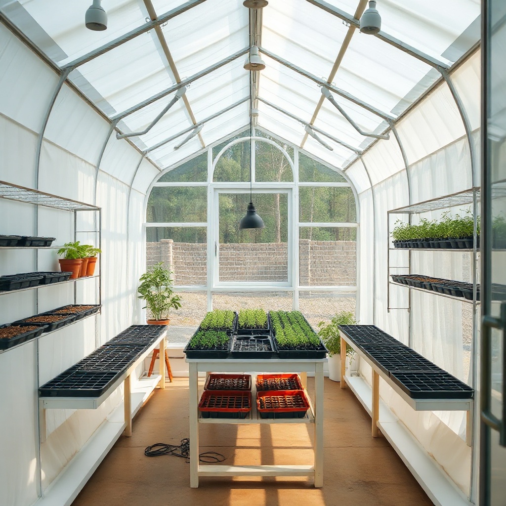 A photorealistic photo of the Palram Canopia Harmony 6x8 greenhouse interior showing tiere