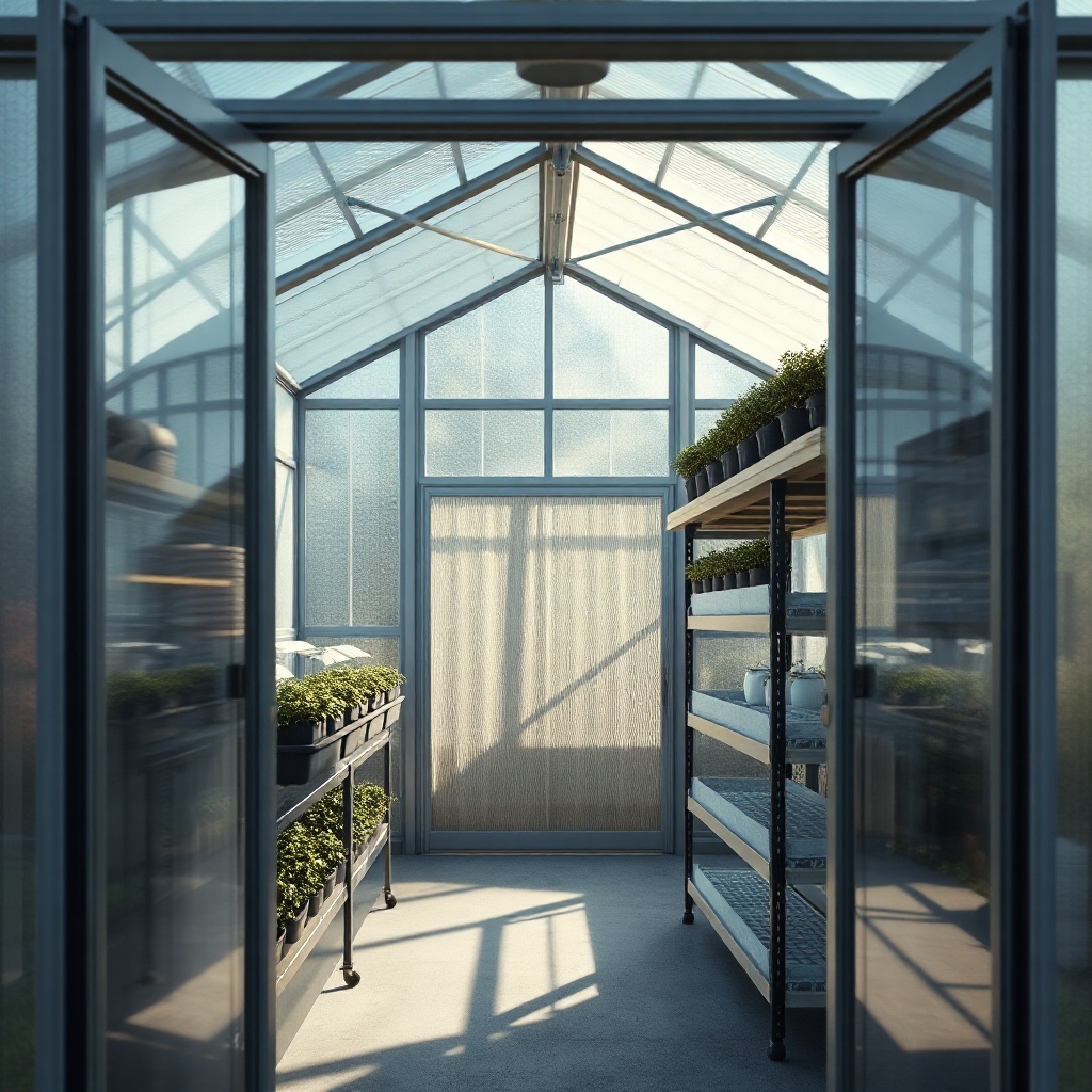 A photorealistic photo of the Palram Canopia Harmony 6x8 greenhouse from the doorway showi