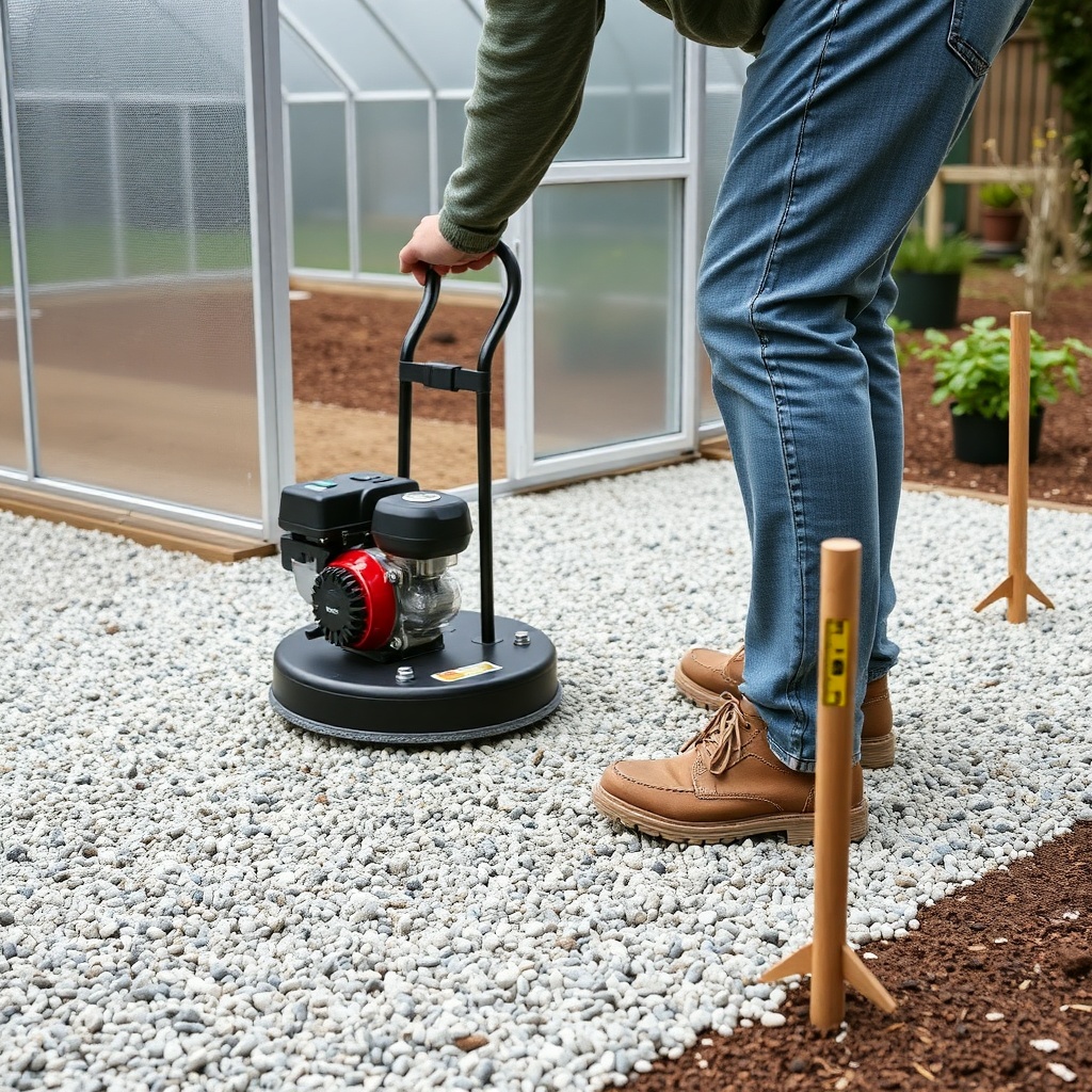 A photorealistic photo showing a gardener using a plate compactor on a gravel base