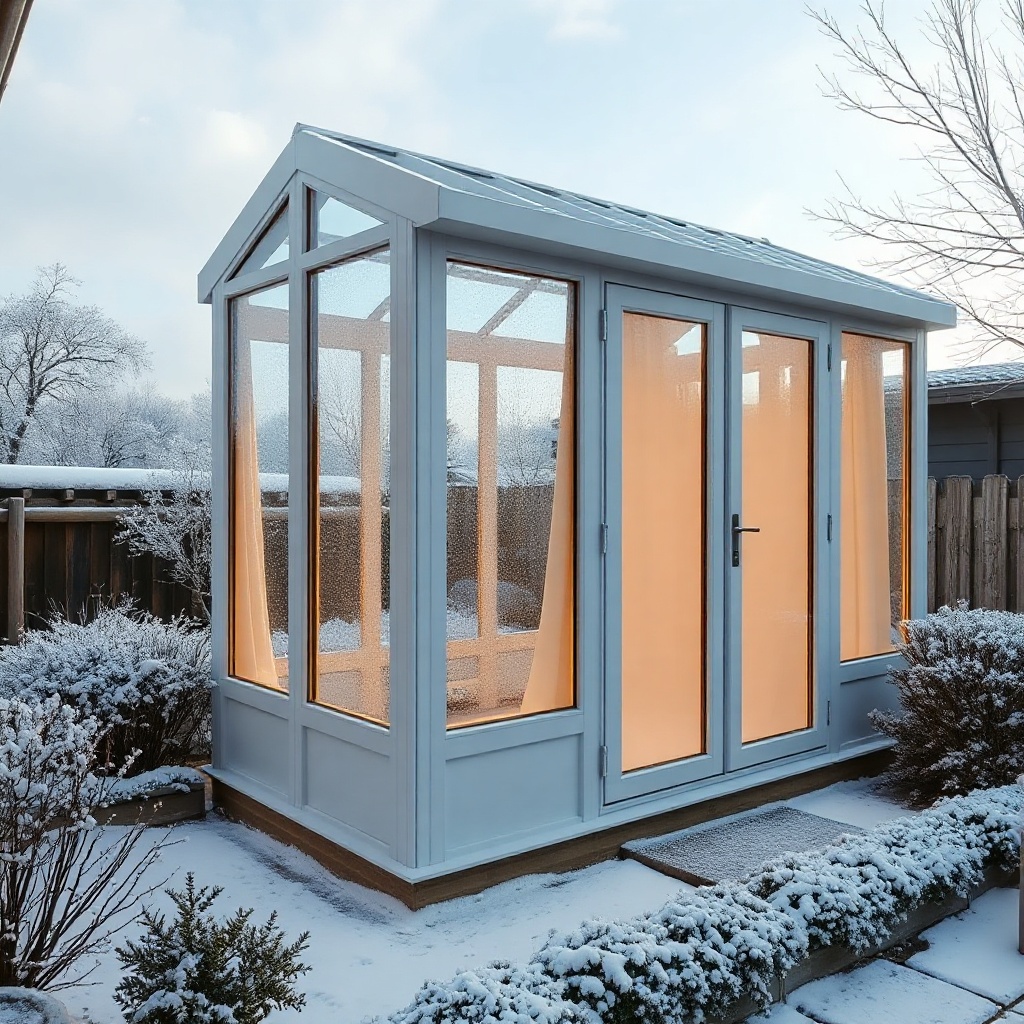 A photorealistic side profile of the Palram Canopia Harmony 6x8 in a snow-covered garden