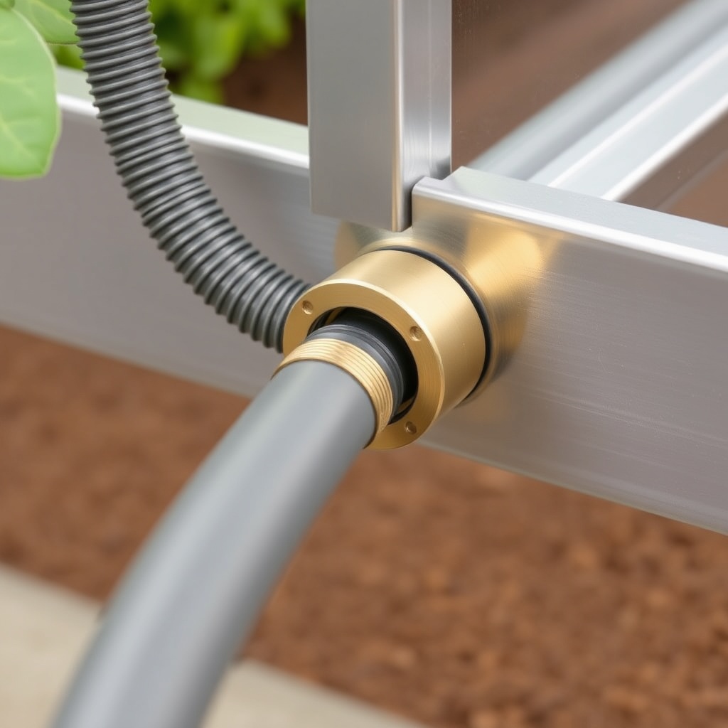 <clean photorealistic photo/illustration of a brass grommet installed in the aluminum base