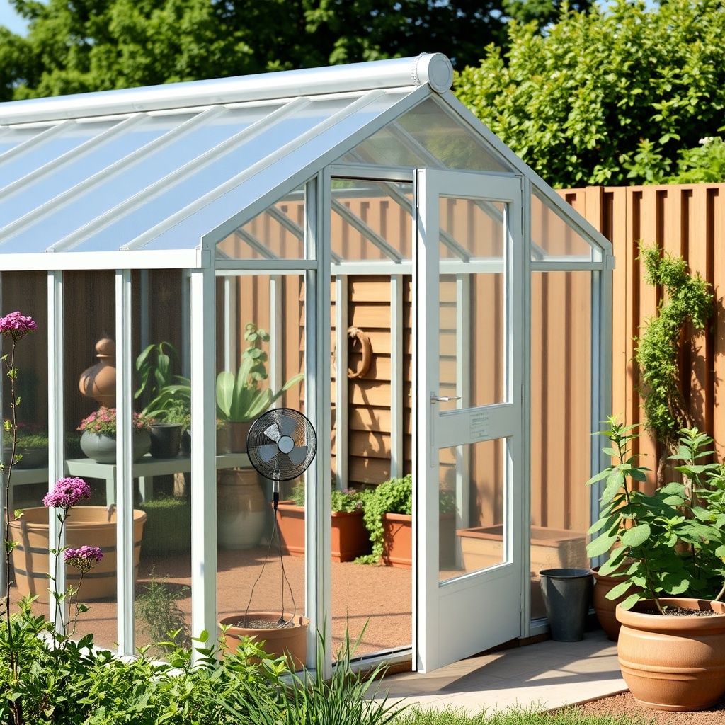 A clean photorealistic photo of a Palram Canopia Harmony 6x8 greenhouse in a sunny UK gard