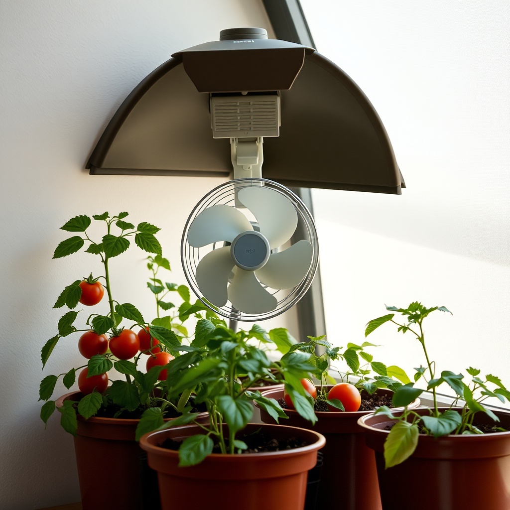A clean photorealistic photo of a small clip-on fan mounted inside a Palram Canopia Harmon