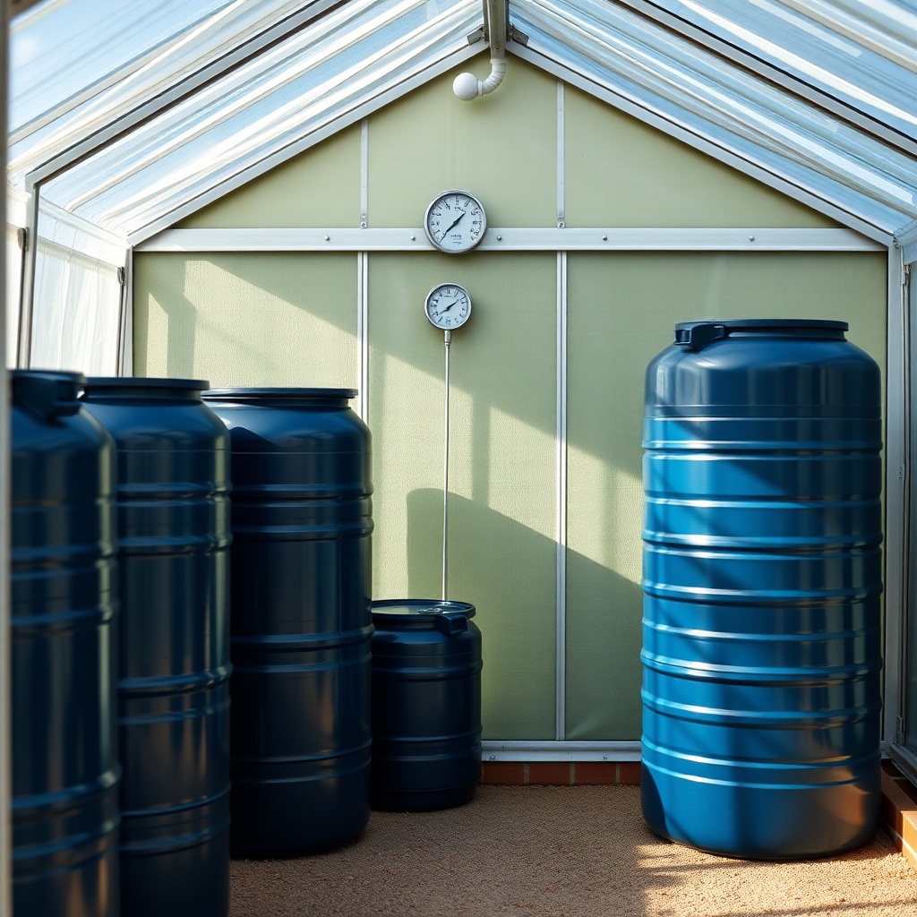 A photorealistic photo of a Palram Canopia Harmony 6x8 greenhouse showing several dark blu