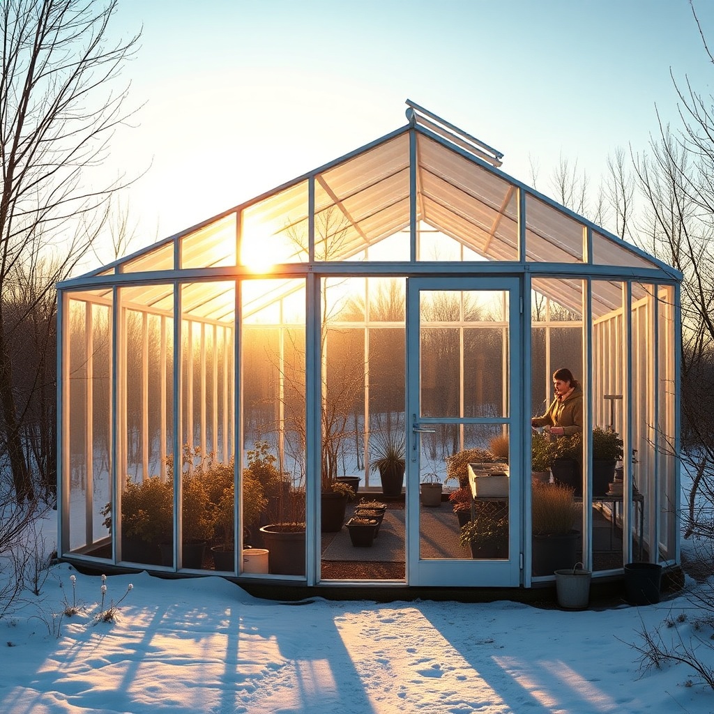 A photorealistic wide-angle shot of the Palram Canopia Harmony 6x8 greenhouse on a bright