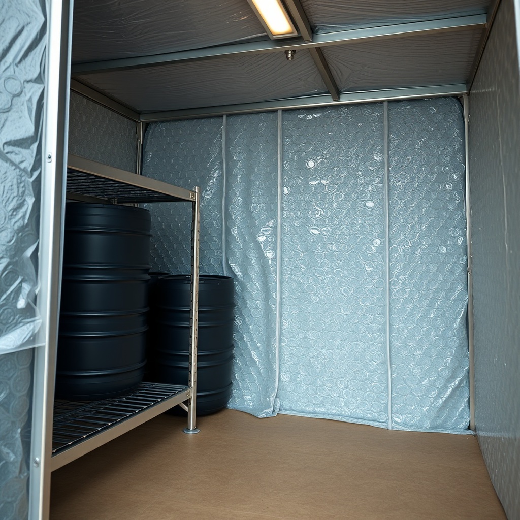 A photorealistic close-up inside the Harmony 6x8 showing aluminium-frame shelves with dark