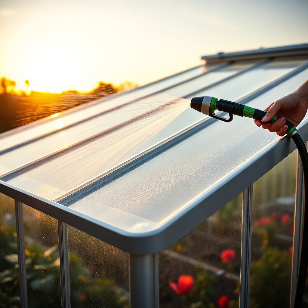 <clean photorealistic photo of a person gently spraying water on the top of a Palram Canop