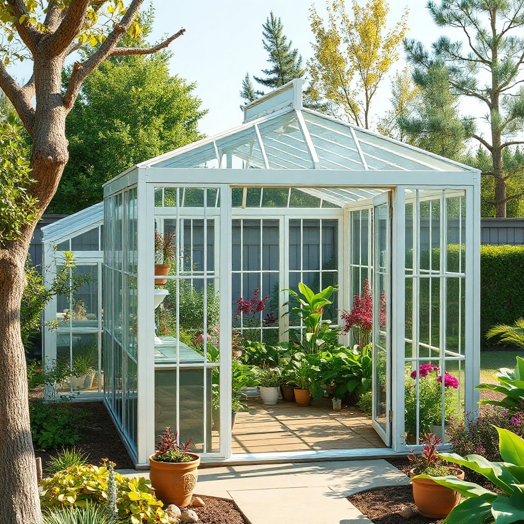 <clean photorealistic photo of the Palram Canopia Harmony 6x8 greenhouse fully assembled i