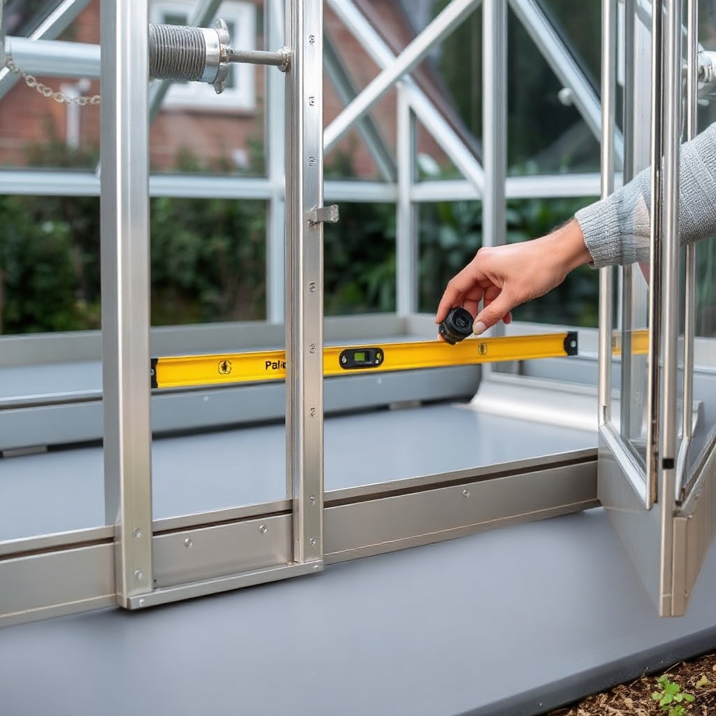 A photorealistic shot of a Palram Canopia Harmony 6x8 greenhouse frame being checked with