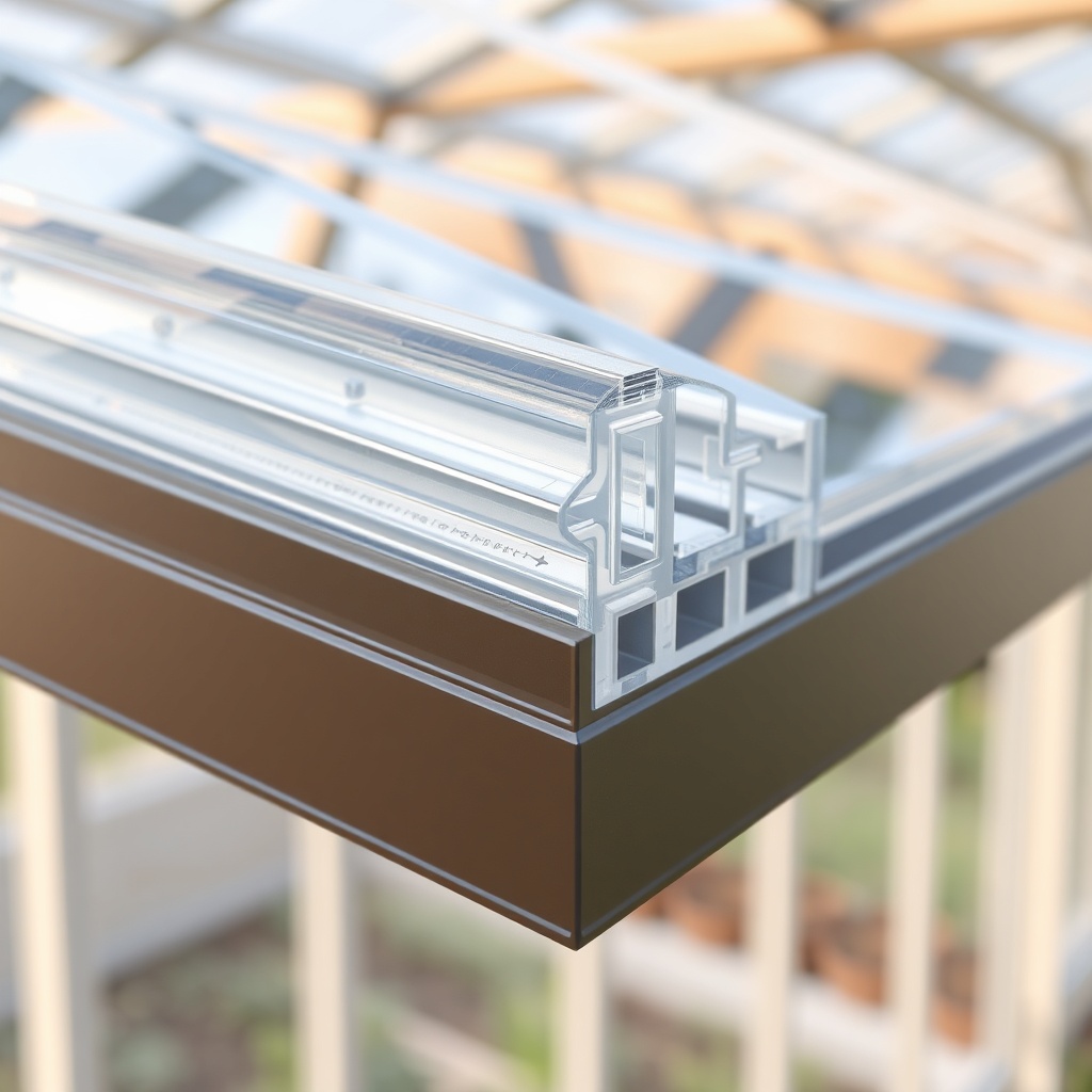 <photo realistic close-up of twin-wall polycarbonate panel edge showing the internal strut