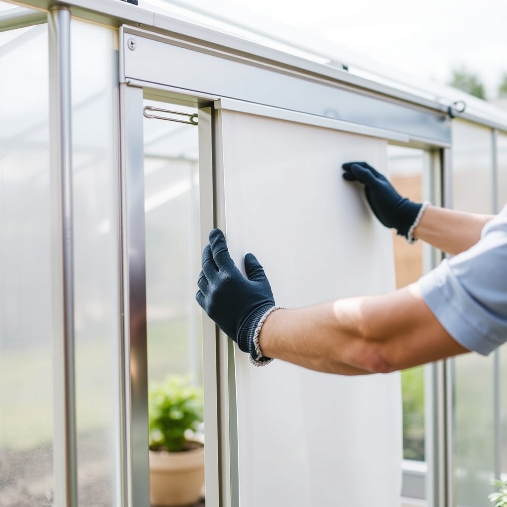 <photo realistic shot of a partially assembled Palram Canopia Harmony 6x8 greenhouse with