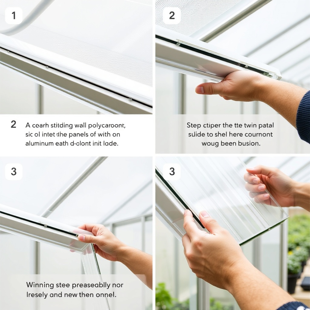 photorealistic step-by-step sequence of a person sliding a twin-wall polycarbonate panel i