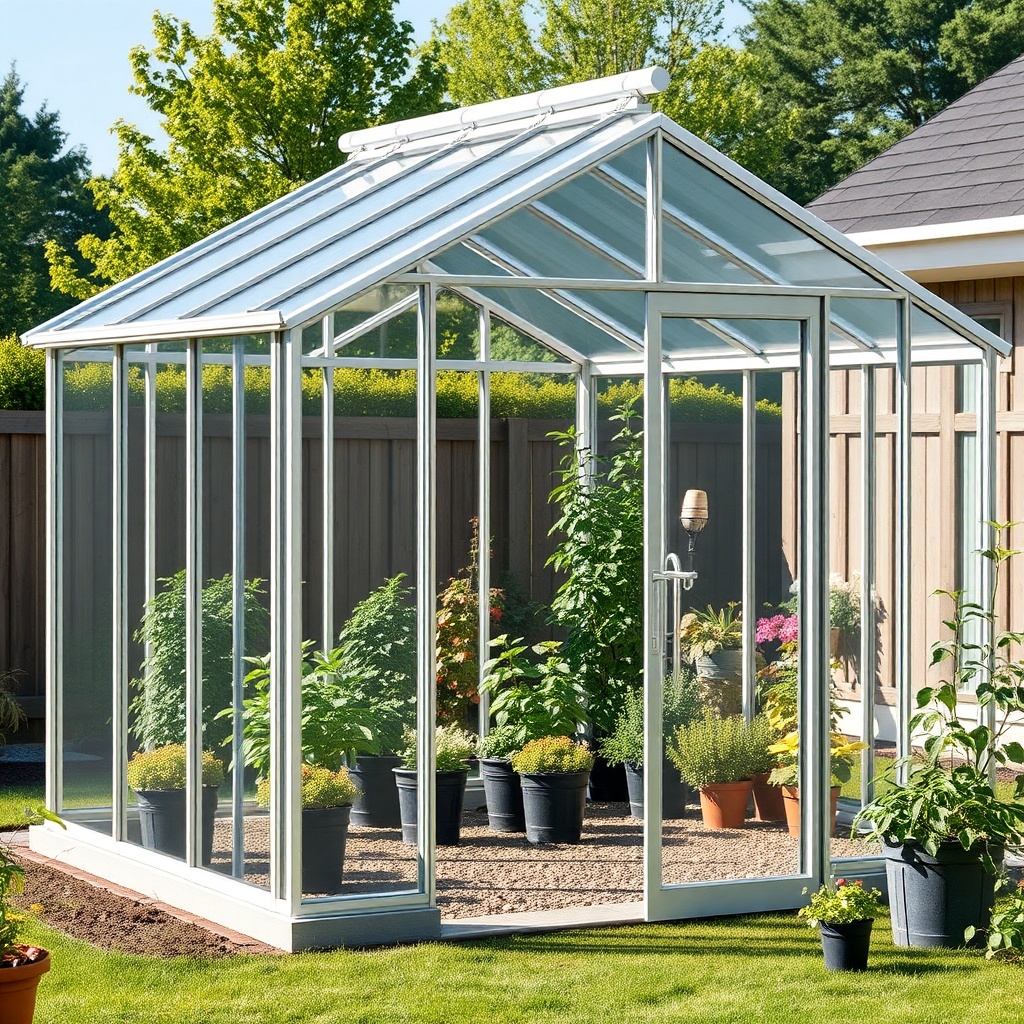 A clean photorealistic photo of a Palram Canopia Harmony 6x8 greenhouse in a backyard sett