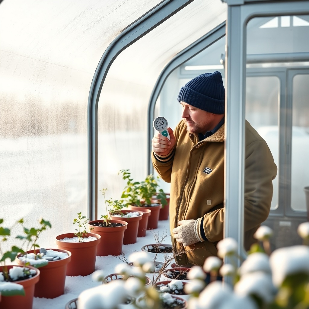 A clean photorealistic photo of a gardener checking a thermometer inside a Palram Canopia