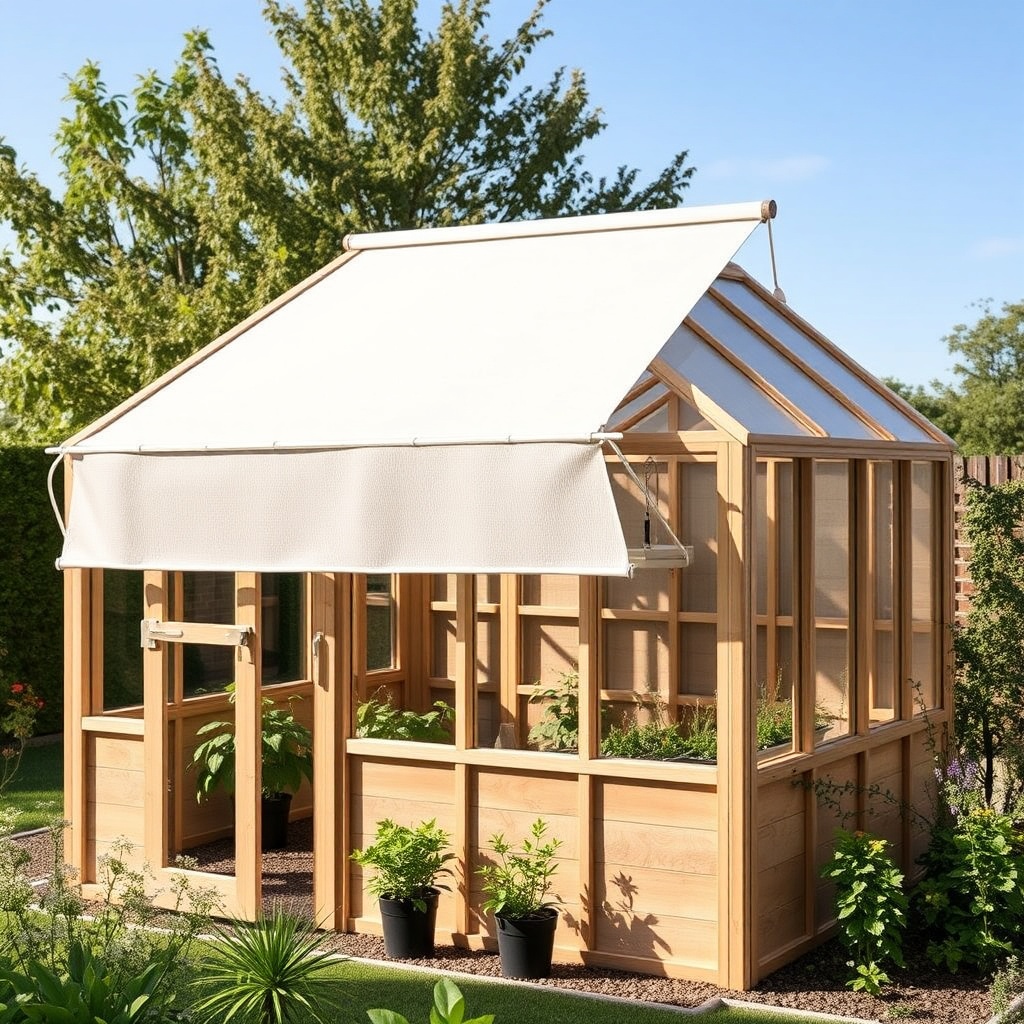 A photorealistic photo of a Riverstone 6x8 Wooden Greenhouse in a sunny garden