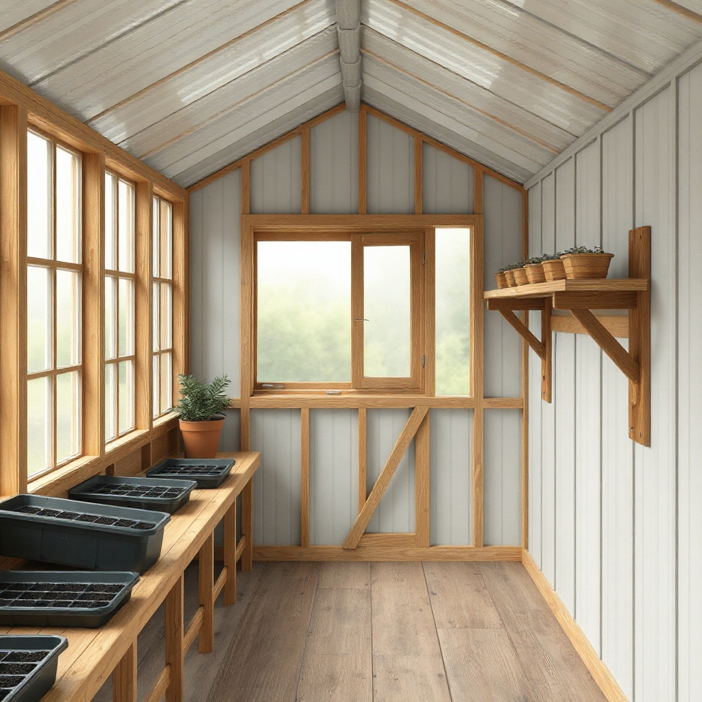 <clean photorealistic photo/illustration of the interior of a Riverstone 6x8 greenhouse sh