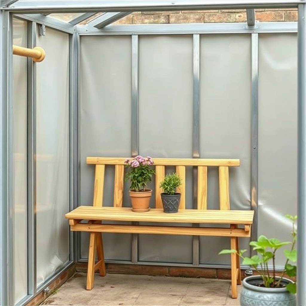 <clean photorealistic photo/illustration of a fold-down wooden bench attached to the wall