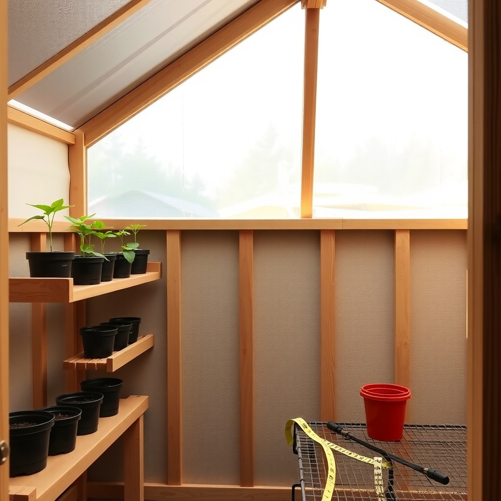A photorealistic interior view of a Riverstone 6x8 wooden greenhouse showing two tiers of