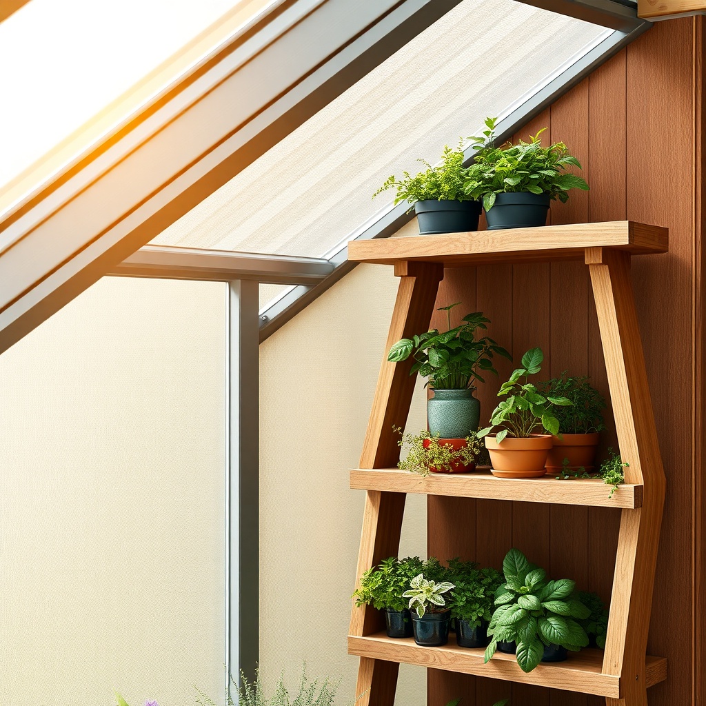 A photorealistic close-up of tiered wooden shelving along the sloping side wall of a small