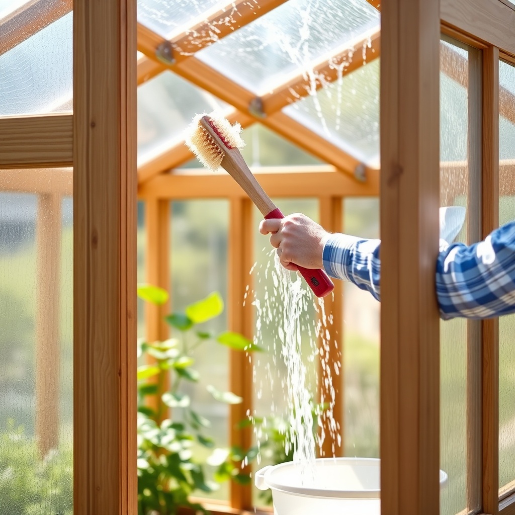 <clean photorealistic photo/illustration of a person gently washing the wooden frame of a