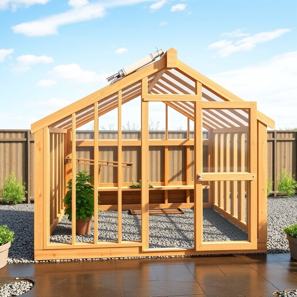 Photorealistic photo of the Riverstone 6x8 Wooden Greenhouse with both roof vent and side