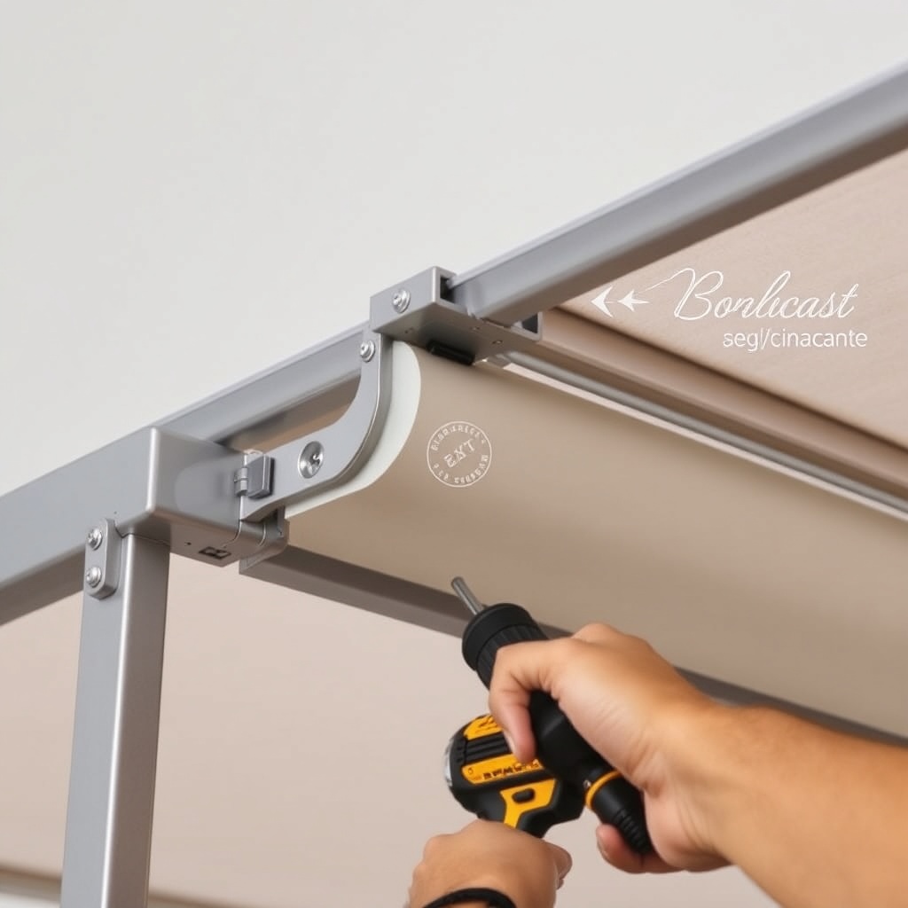 <A photorealistic close-up of a motorized roller shade being mounted on the top aluminum f