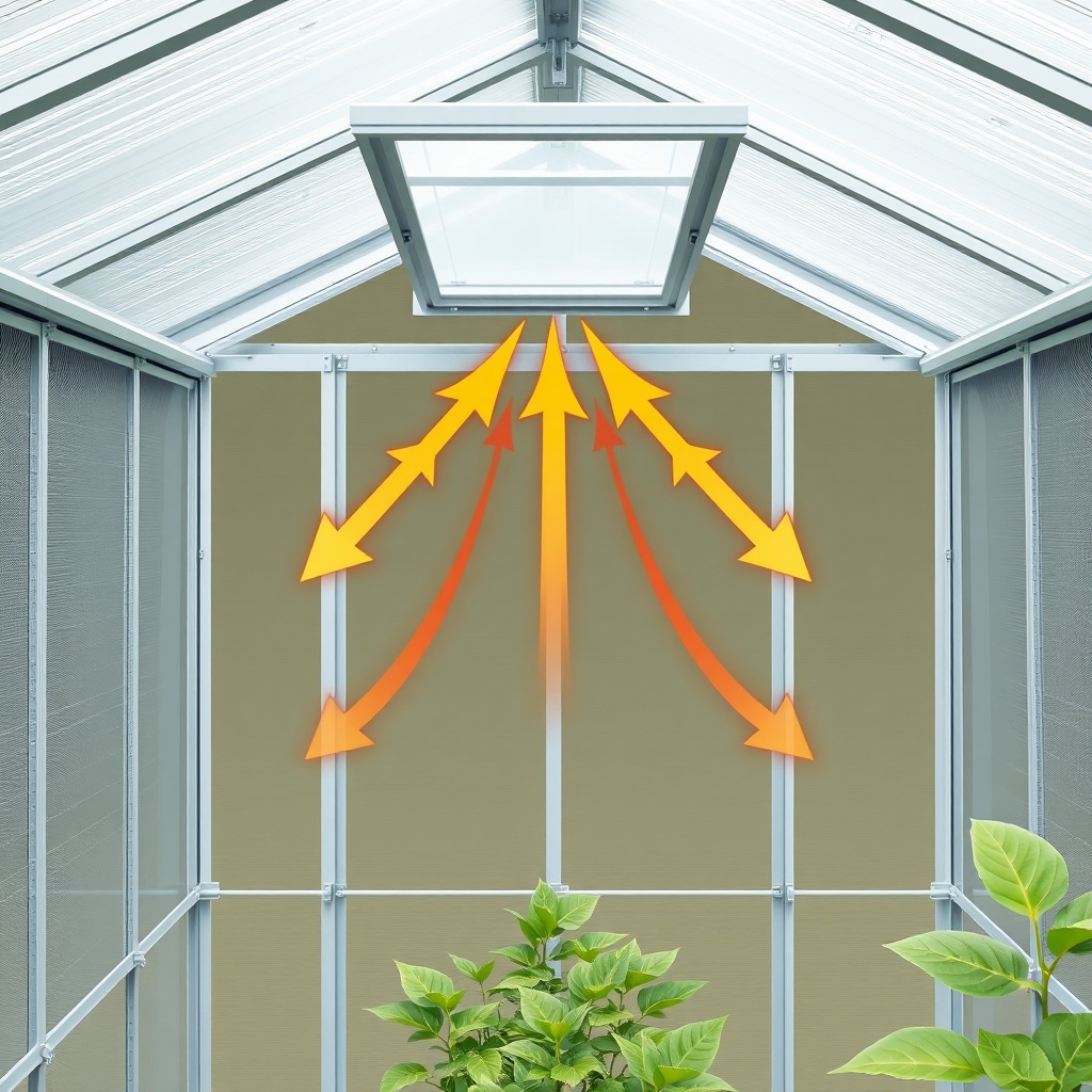 <clean photorealistic illustration showing airflow arrows inside a Suncast 8x6 Tremont gre
