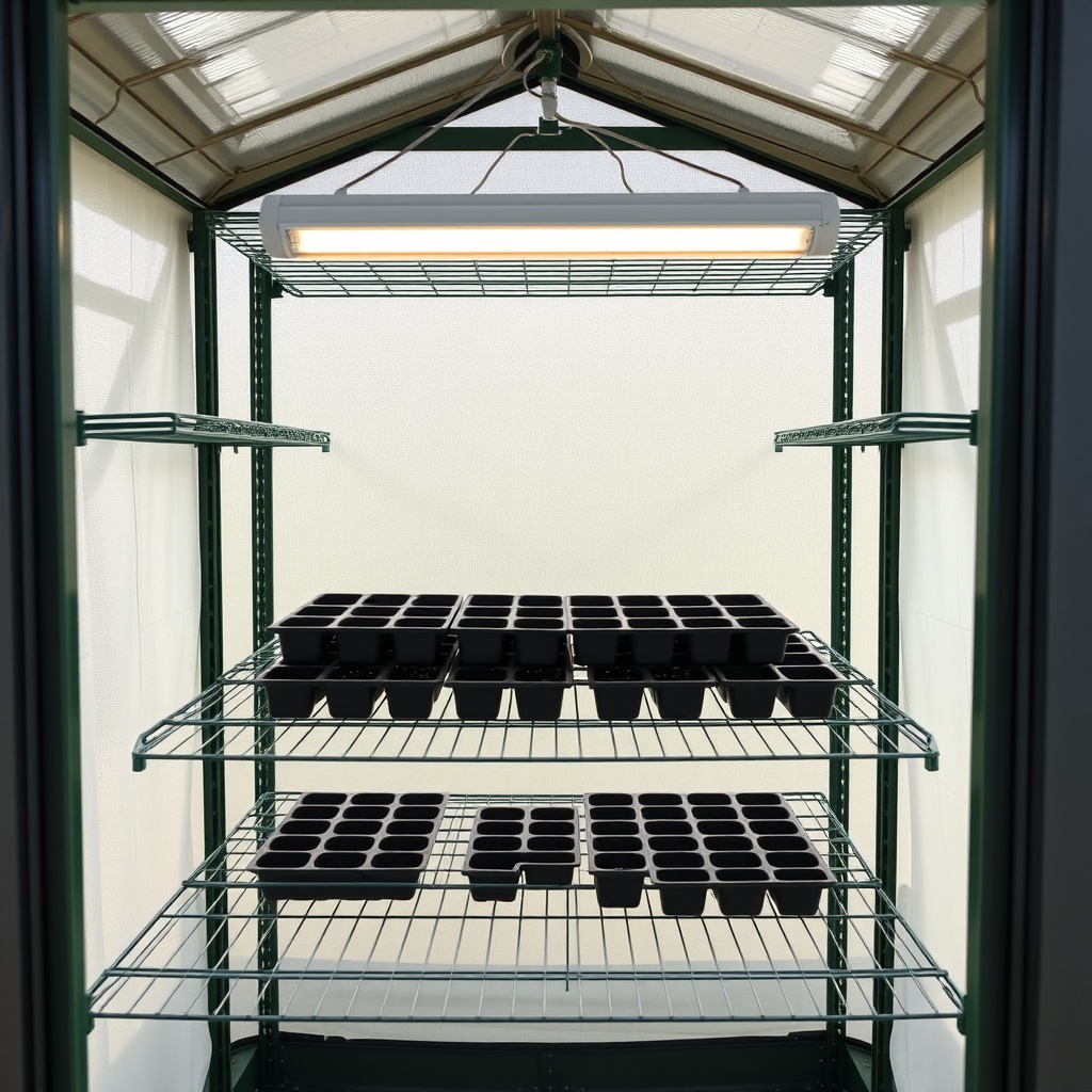 A photorealistic view inside the Suncast 8x6 Tremont with dark green wire shelving holding