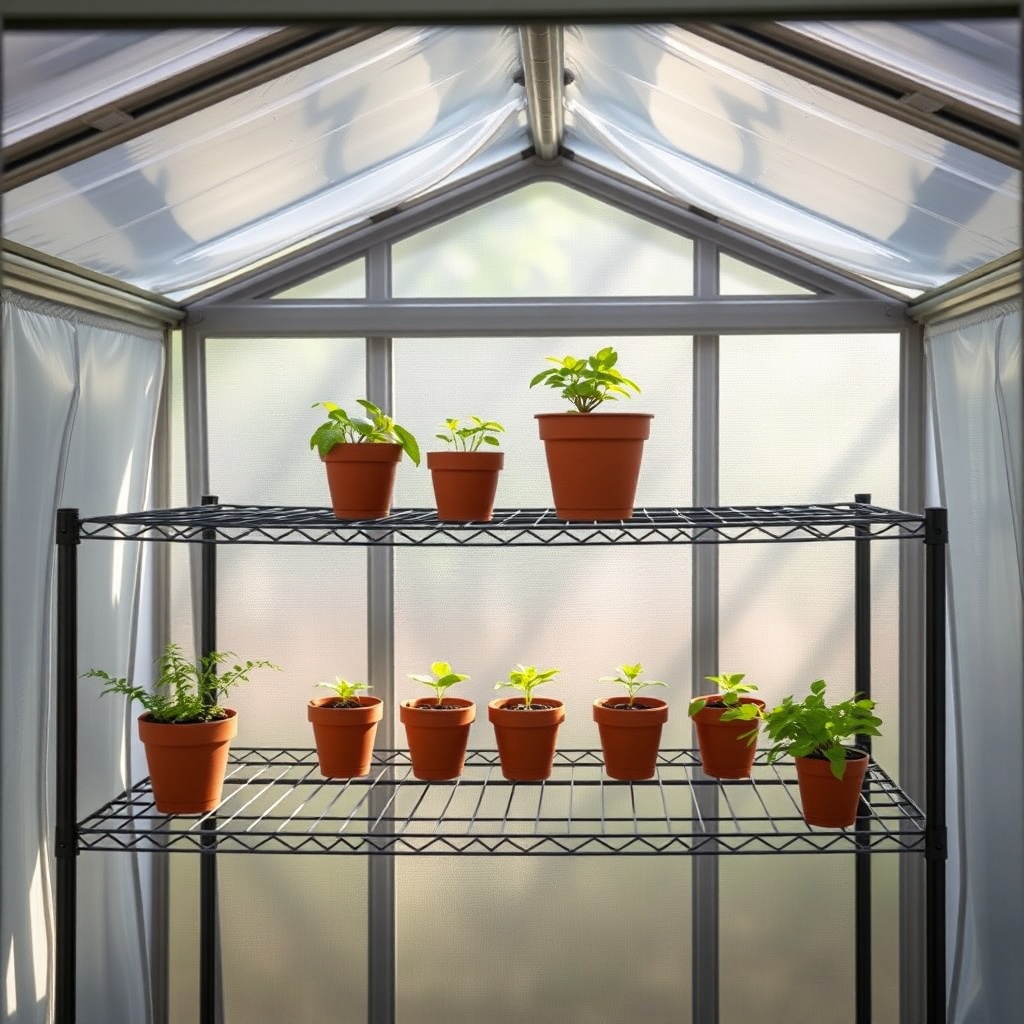 A clean photorealistic photo showing the interior of a Suncast 8x6 Tremont greenhouse with