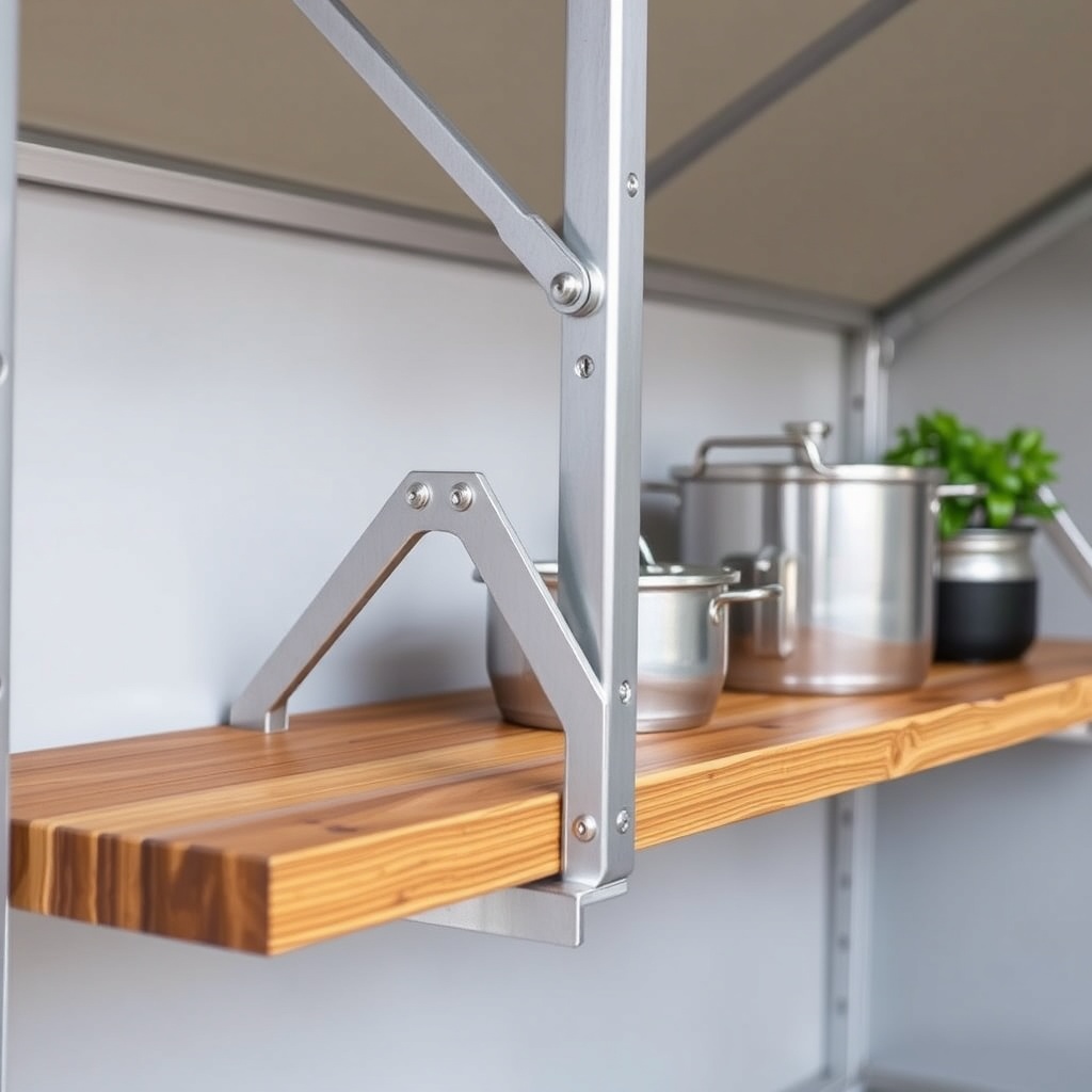 A clean photorealistic photo showing stainless steel brackets securing a wooden shelf to t
