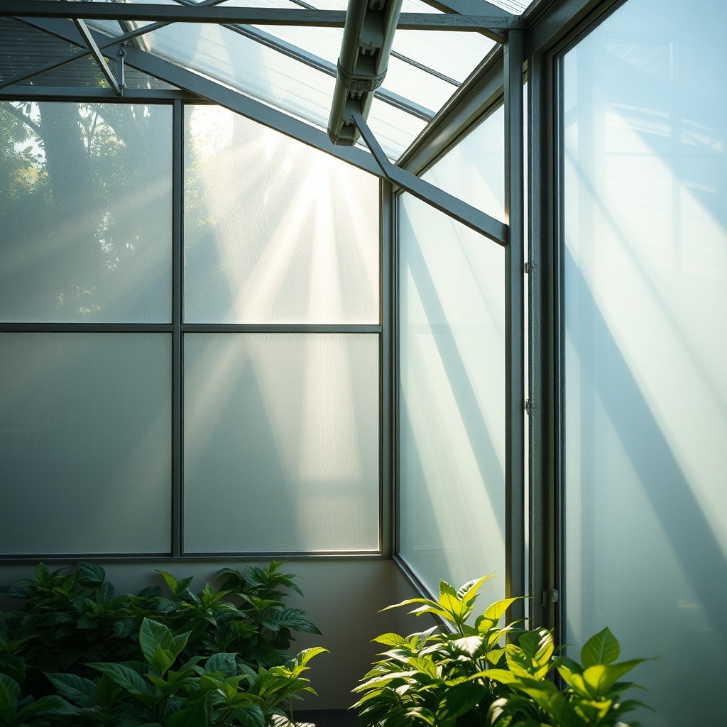 A clean photorealistic photo showing sunlight streaming through both glazing types—glass c