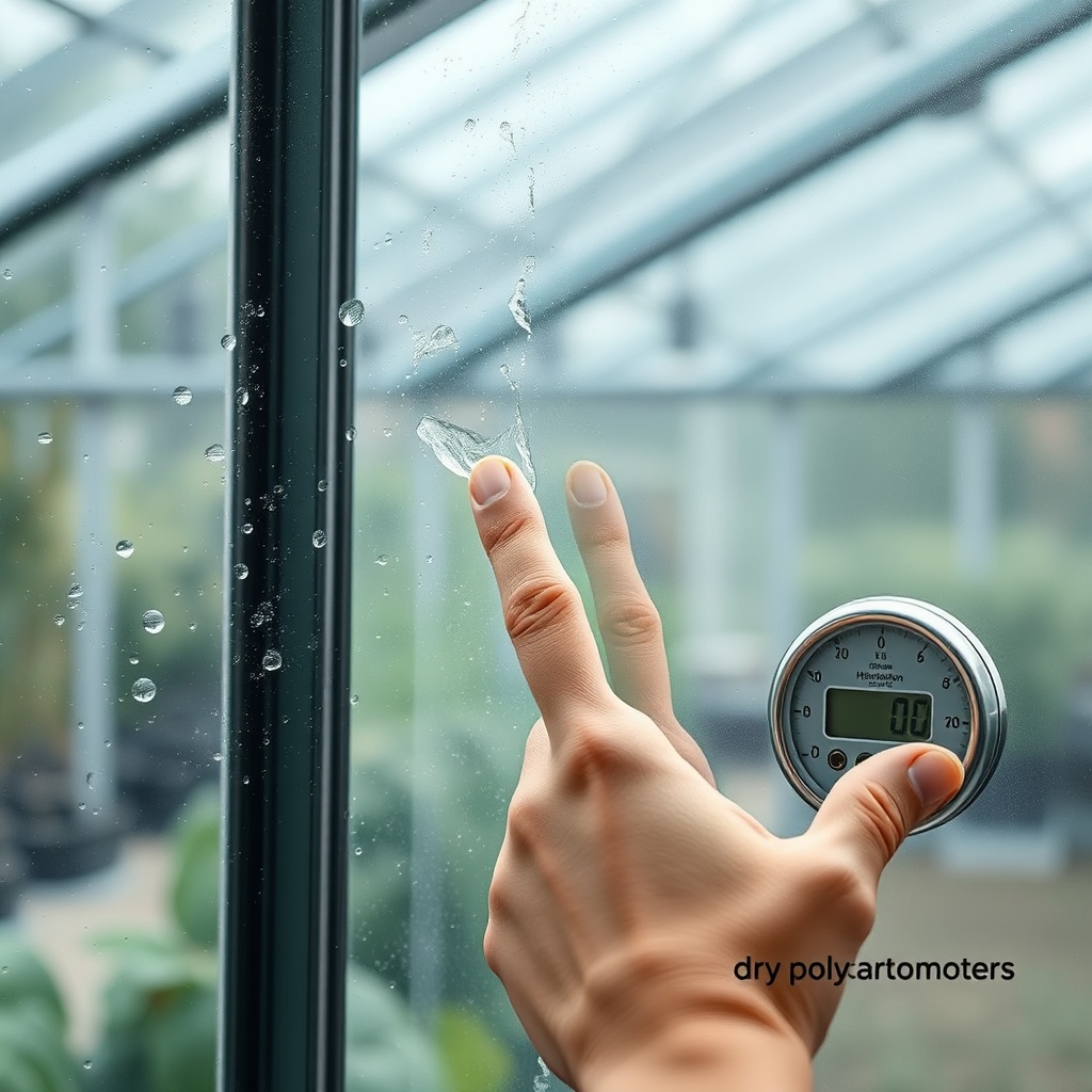 A clean photorealistic photo showing a hand touching the inside of a greenhouse with conde